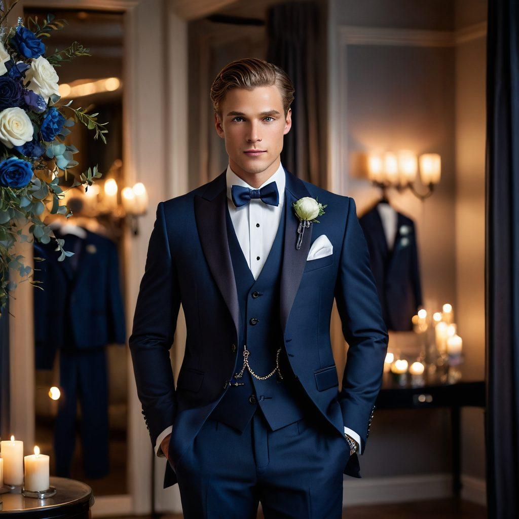 A stylish groom in a tailored suit, with soft evening lighting that creates a romantic atmosphere, surrounded by elegant evening wear on hangers. The color palette features deep blues and rich silvers to evoke sophistication, while the backdrop includes delicate floral arrangements and glowing candles to symbolize affectionate moments. The groom's confident pose conveys joy and charm. super-realistic. vibrant colors. soft lighting.