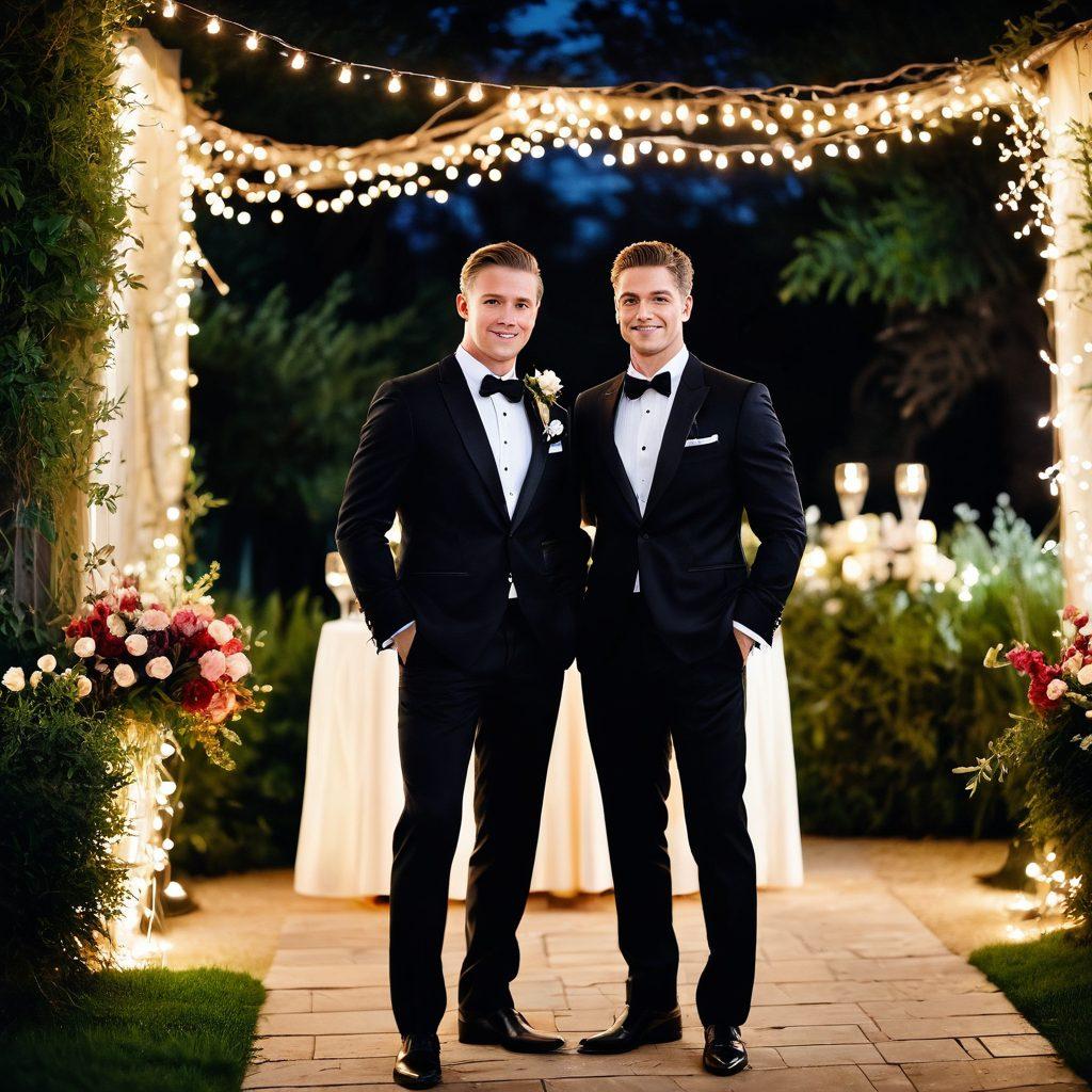 A stylish groom in a classic tuxedo with a bow tie, standing next to an elegantly dressed man in a tailored suit at a romantic outdoor gala under softly glowing fairy lights. The scene captures the essence of sophistication, romance, and celebration, complemented by soft floral arrangements. Include hints of evening elegance such as champagne flutes and candles in the background. super-realistic. vibrant colors. romantic ambiance.