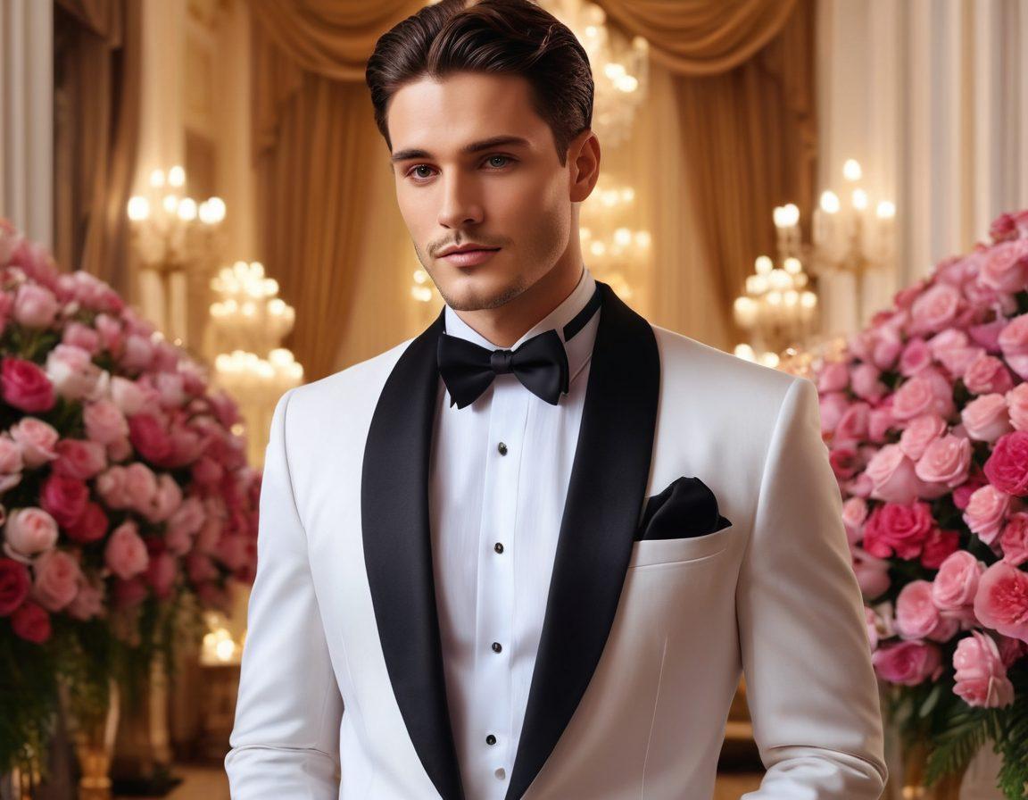 A stylish man in a sleek tuxedo, standing confidently against a backdrop of a glamorous event. Beautiful lighting and elegant decorations, with hints of romantic ambiance like dimmed chandeliers and soft rose petals scattered around. Include a variety of tuxedo styles displayed on mannequins nearby, showcasing options for different occasions. The scene conveys a sense of elegance and celebration, drawing in the viewer's emotions. super-realistic. vibrant colors. elegant atmosphere.